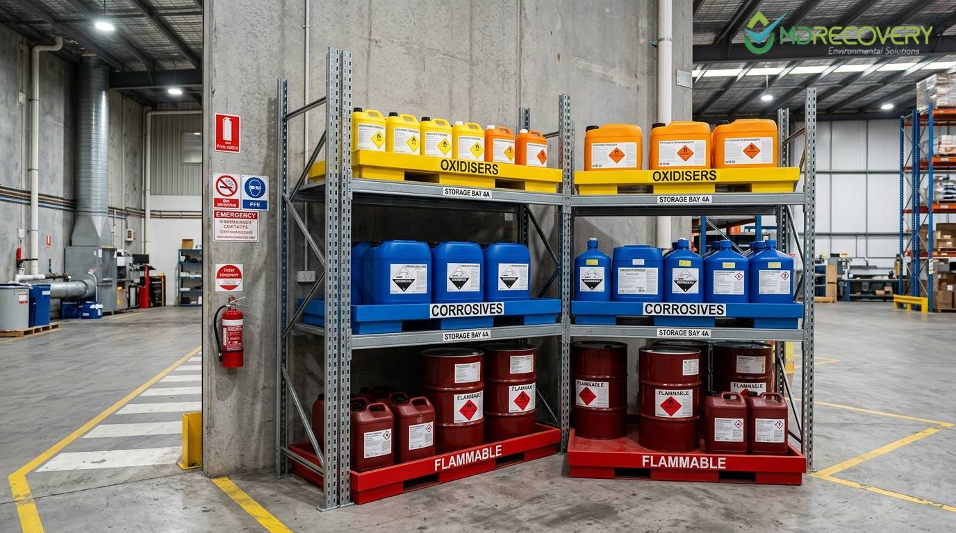 Industrial warehouse with labeled shelves storing oxidisers, corrosives, and flammable materials — representing chemical disposal Melbourne with safe segregation practices.