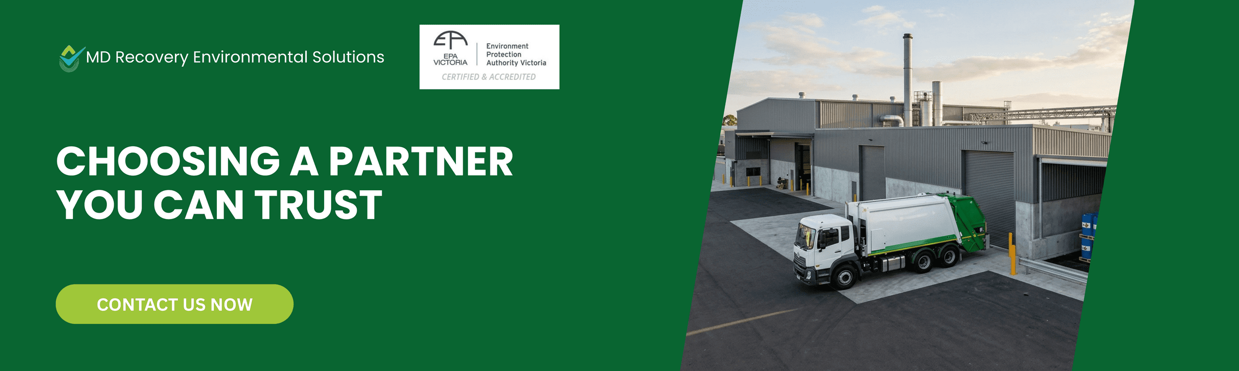 Chemical Disposal Melbourne — Certified Environmental Solutions Promotional banner for MD Recovery Environmental Solutions with EPA Victoria accreditation and industrial facility photo — representing chemical disposal Melbourne with certified environmental services.