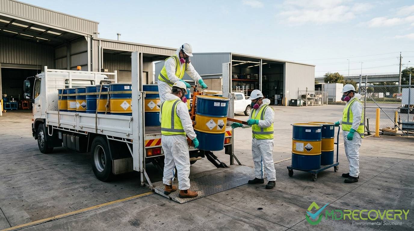 Workers in protective gear handling hazardous barrels at industrial site — representing hazardous waste removal Melbourne with safe disposal practices.