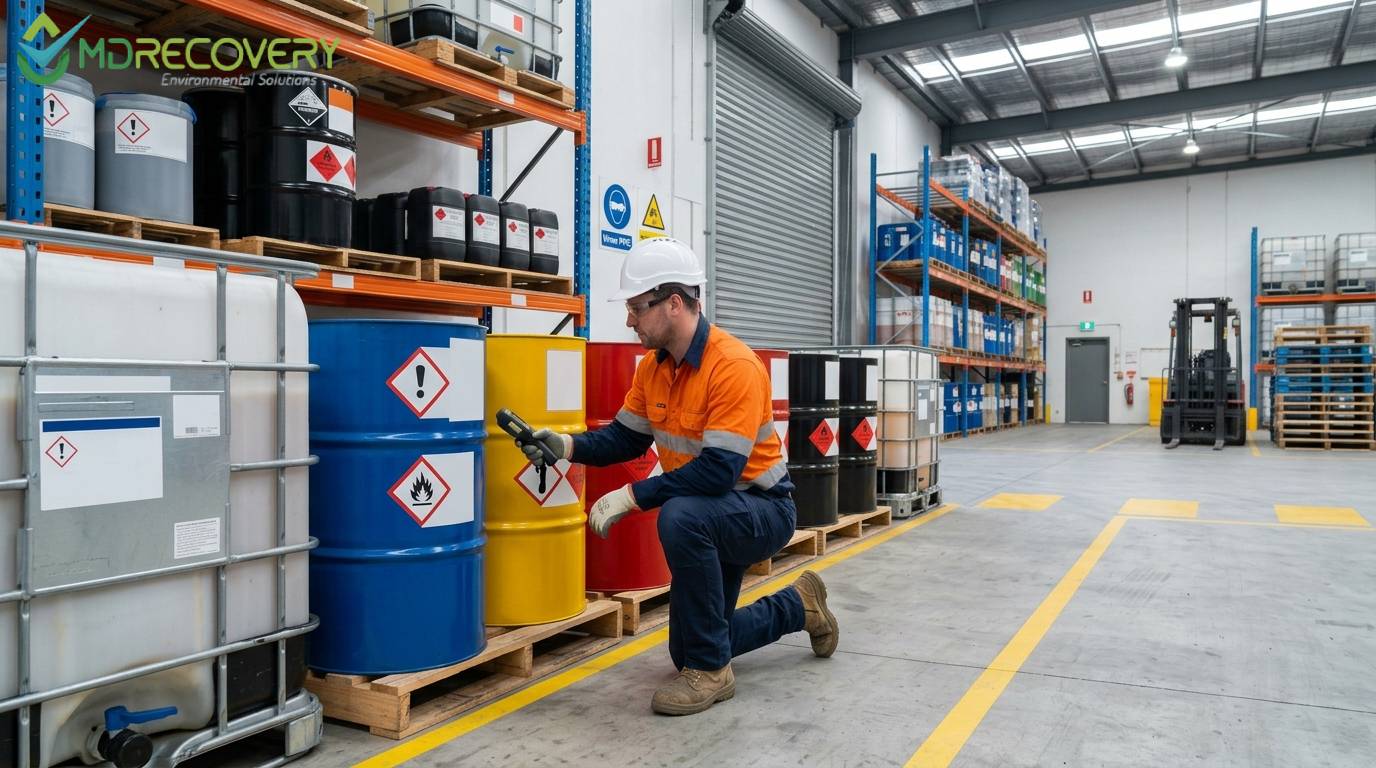 Worker in PPE scanning hazardous chemical drums in Melbourne warehouse for safe waste disposal.