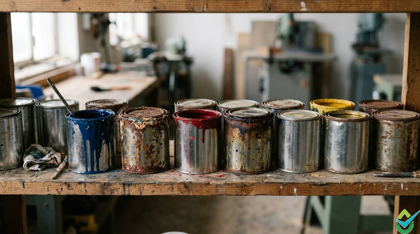Used paint cans ready for safe disposal and recycling