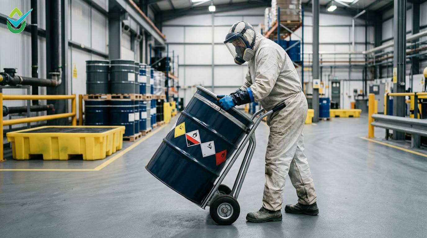Hazardous waste technician handling a chemical drum for safe acid disposal in an industrial facility